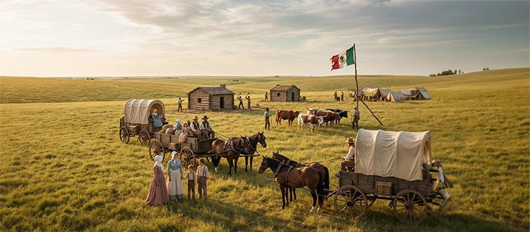 Anglo-American families in early 1820s clothing stepping off wagons onto the Texas coastal prairie, with log cabins, oxen, cattle, open grassland, and a Mexican flag