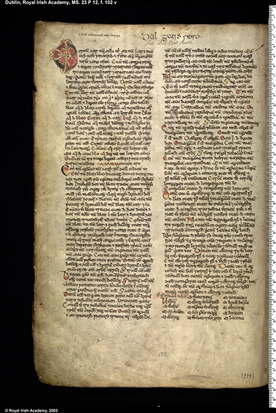 Book of Ballymote, RIA MS 23 P 12, folio 102 verso, headed 'The Dal Cas Race'