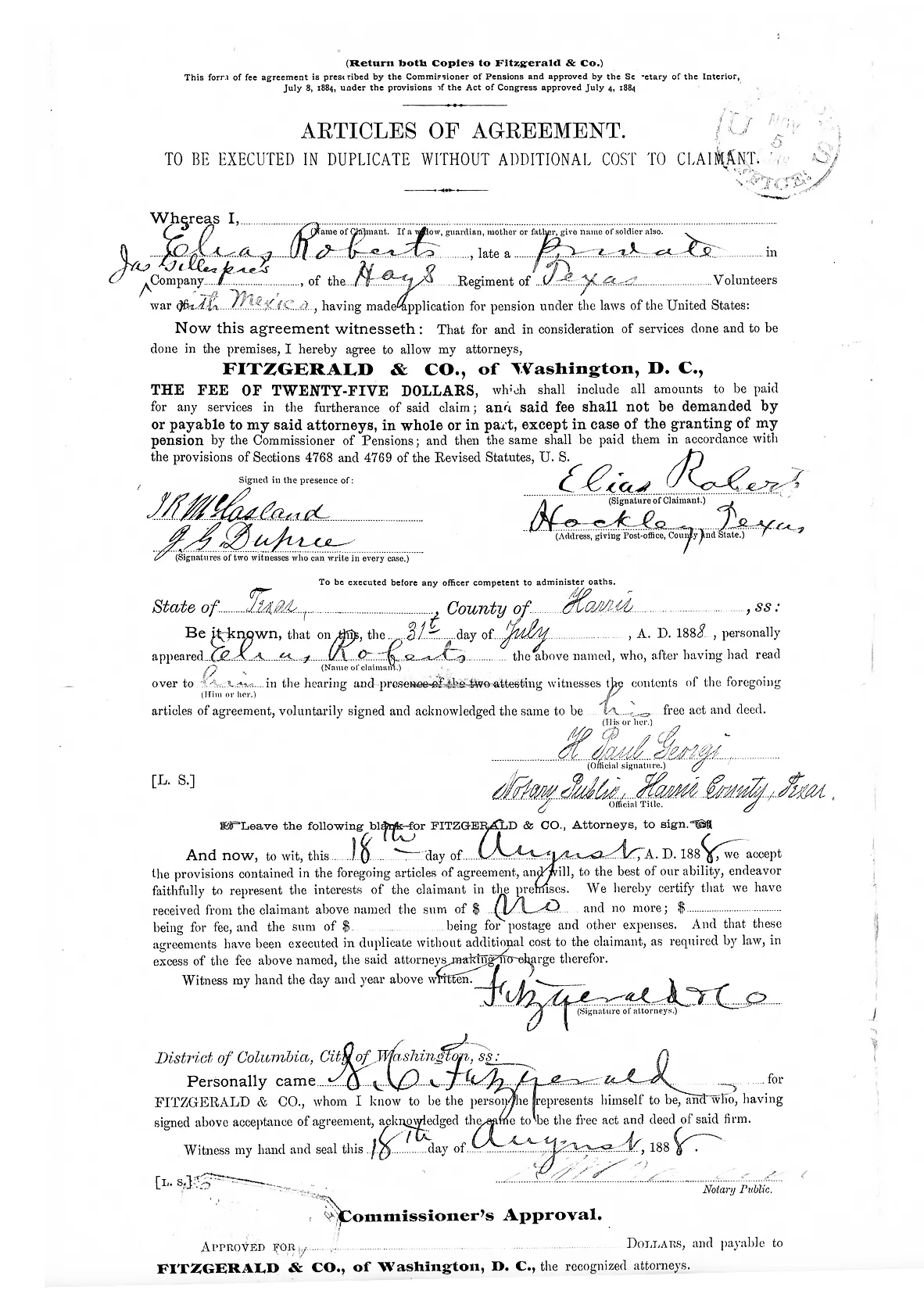 Scanned image of the July 31, 1888 fee agreement between Elias Roberts and Fitzgerald & Co.