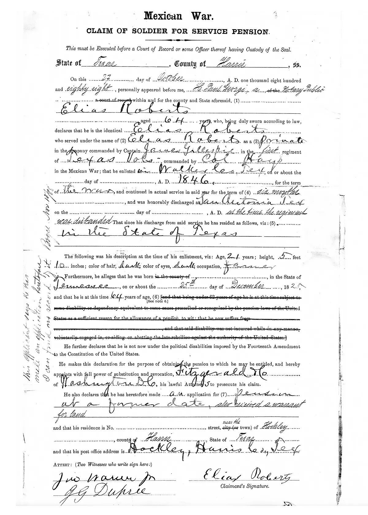 Scanned image of Elias Roberts' October 27, 1888 claim of soldier for service pension.