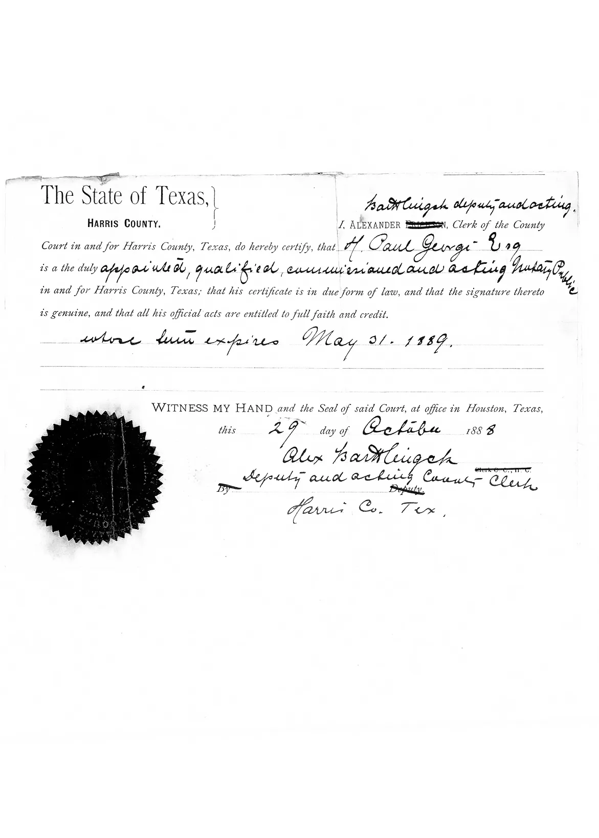 Scanned image of the October 29, 1888 Certificate of Official Character for notary H. Paul Georgi.