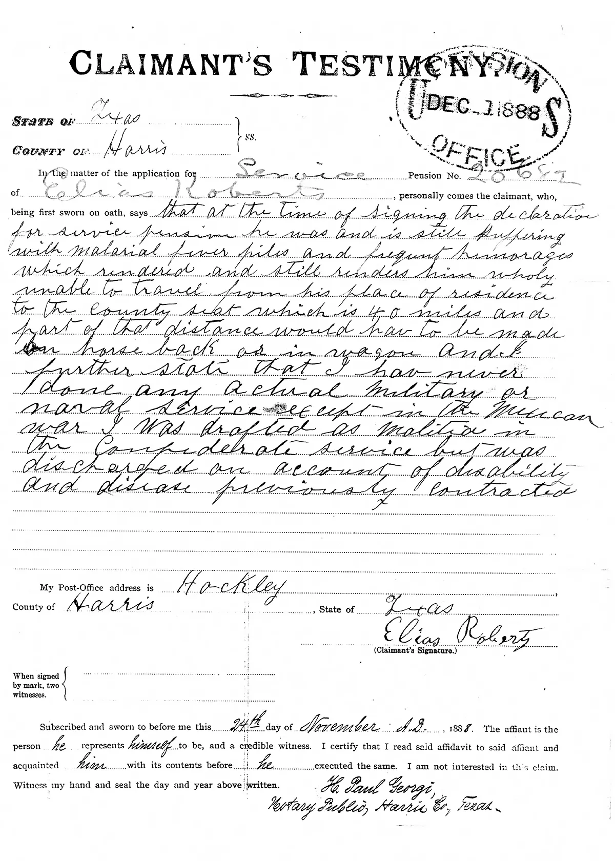 Scanned image of Elias Roberts' November 24, 1888 Claimant's Testimony affidavit.