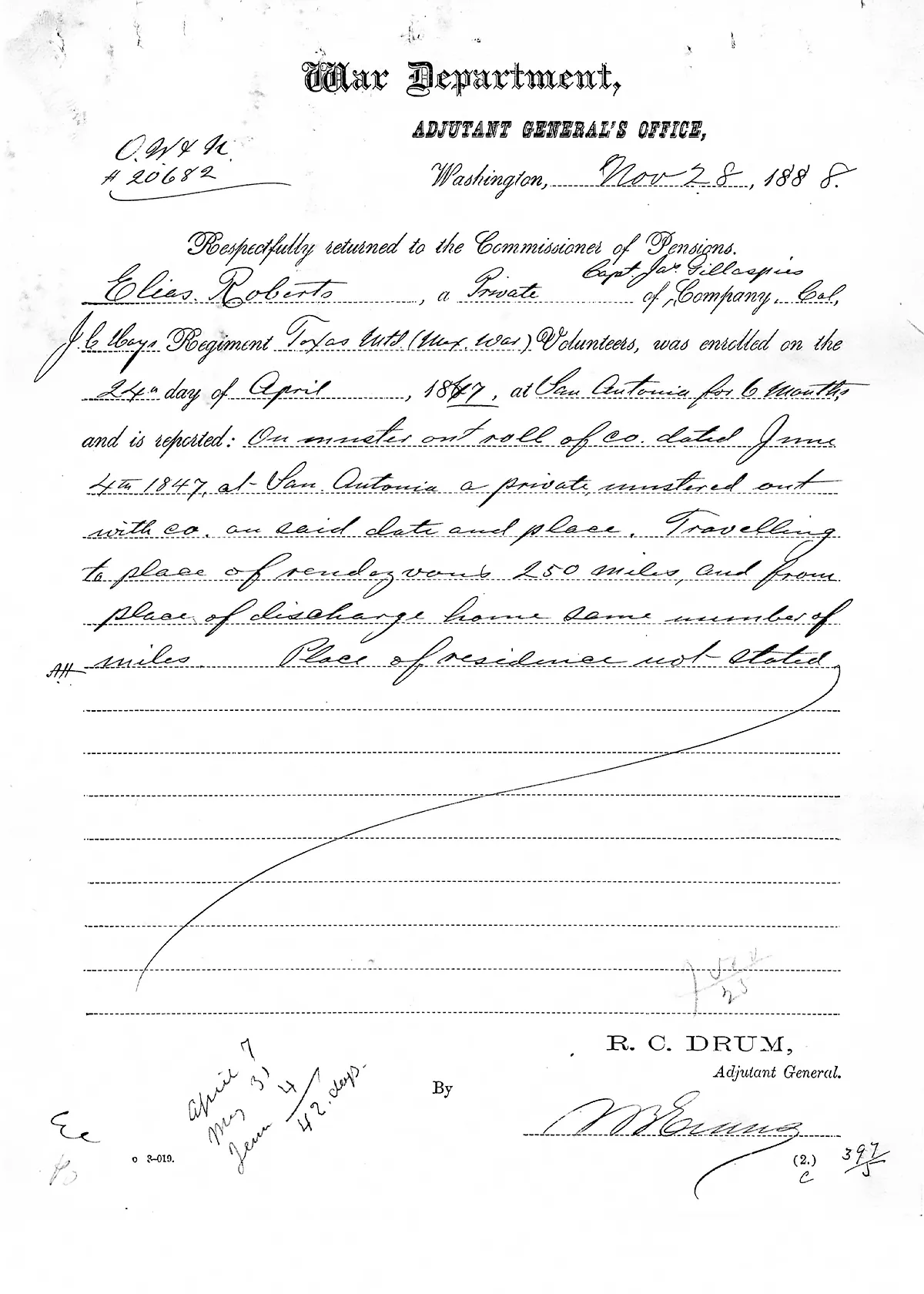 Scanned image of the War Department's November 28, 1888 service-record report on Elias Roberts.