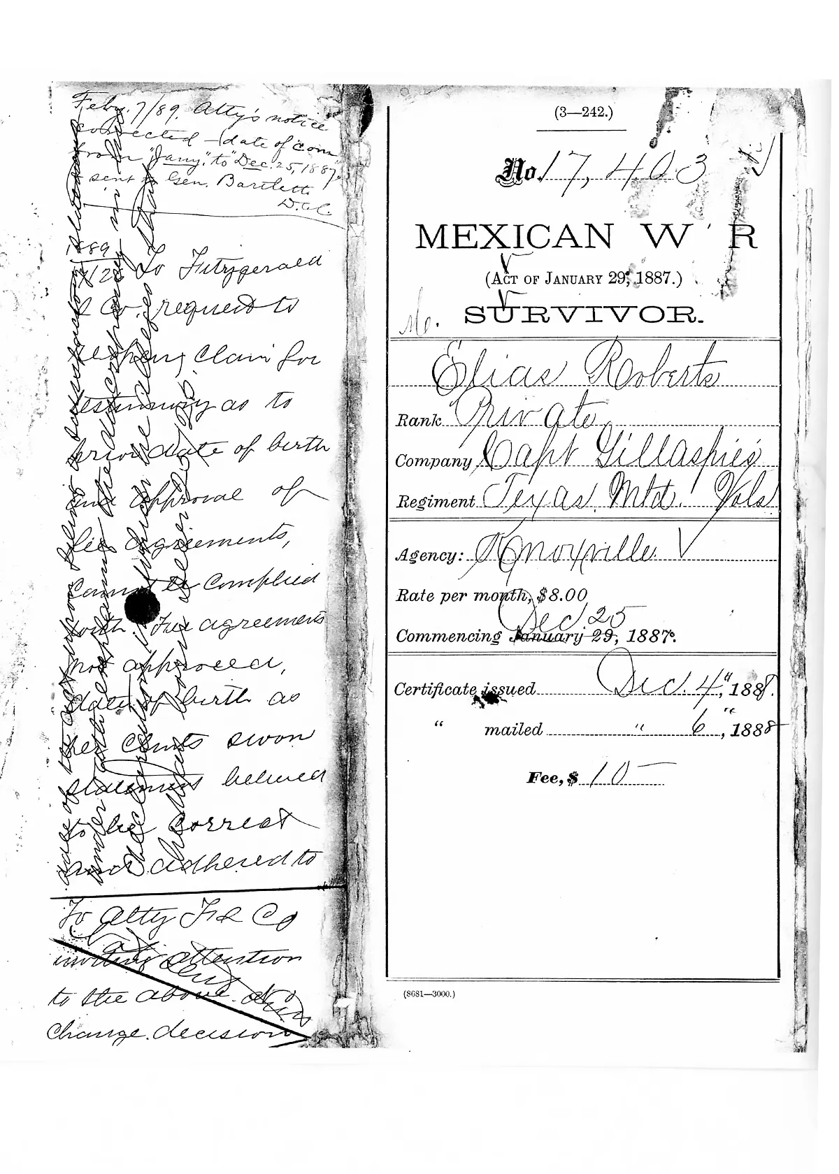 Scanned image of the Mexican War Survivor certificate jacket and casework notes for Elias Roberts.