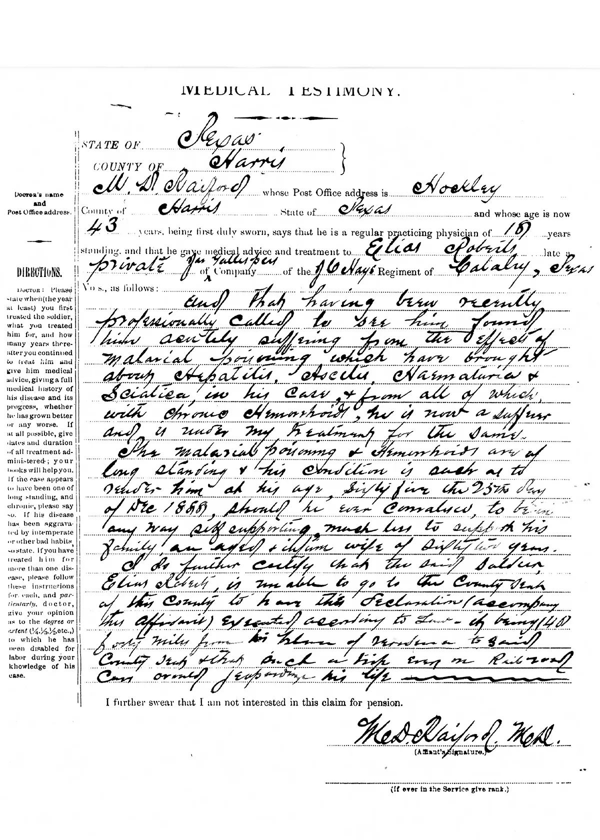 Scanned image of Dr. M. D. Raiford's medical testimony regarding Elias Roberts' illnesses.