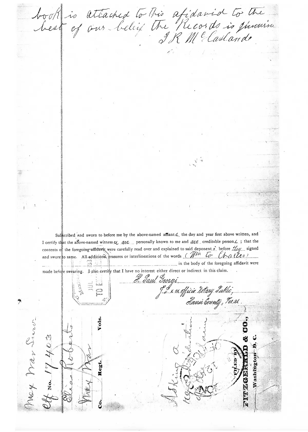 Scanned image of the closing portion and notary's jurat of the July 1889 family record affidavit.