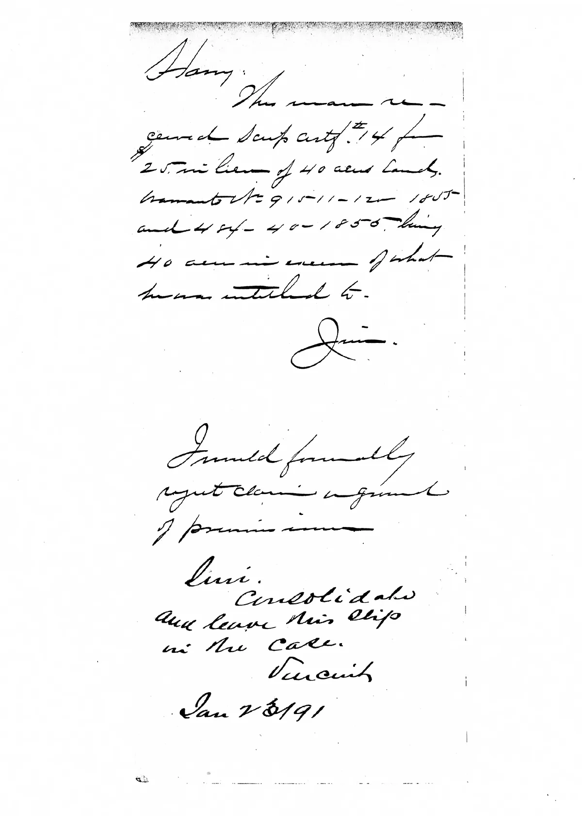 Scanned image of two internal Bureau notes about Elias Roberts' Bounty Land warrant excess.