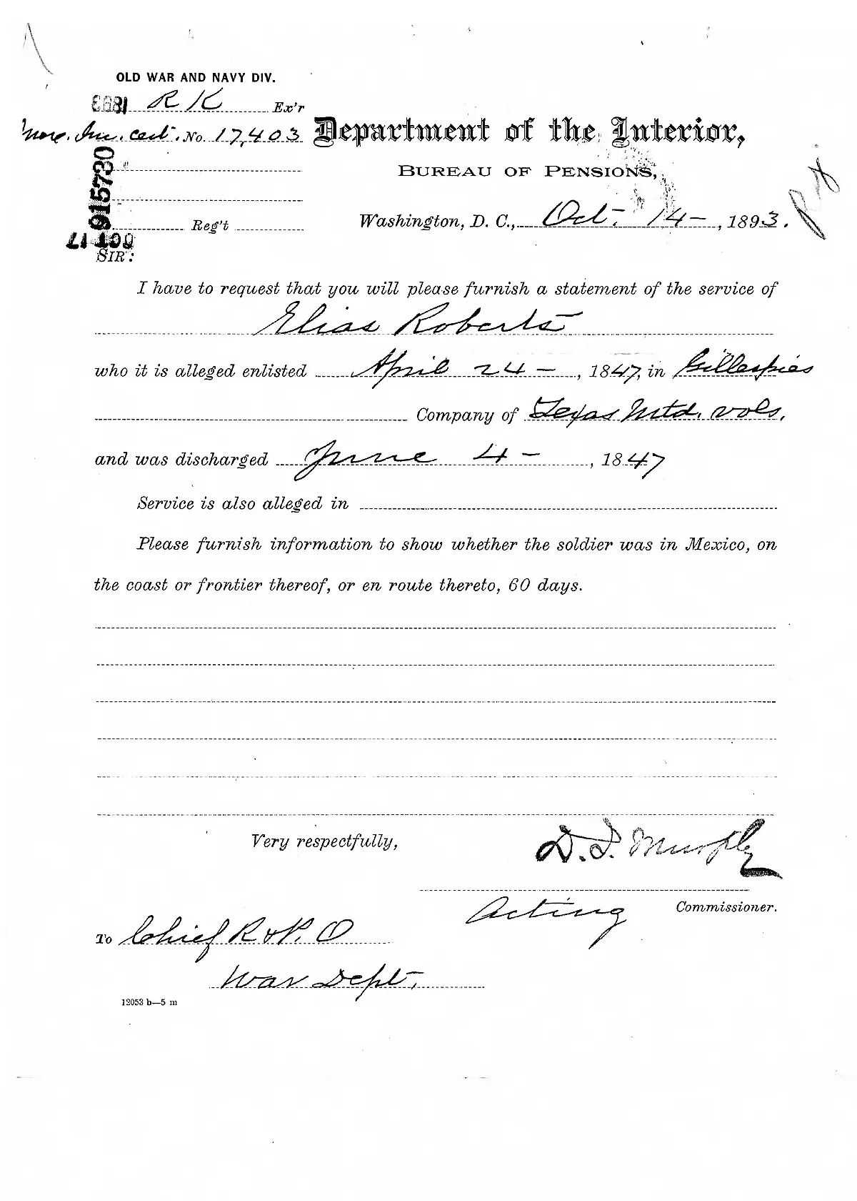 Scanned image of the October 1893 War Department service inquiry regarding Elias Roberts.
