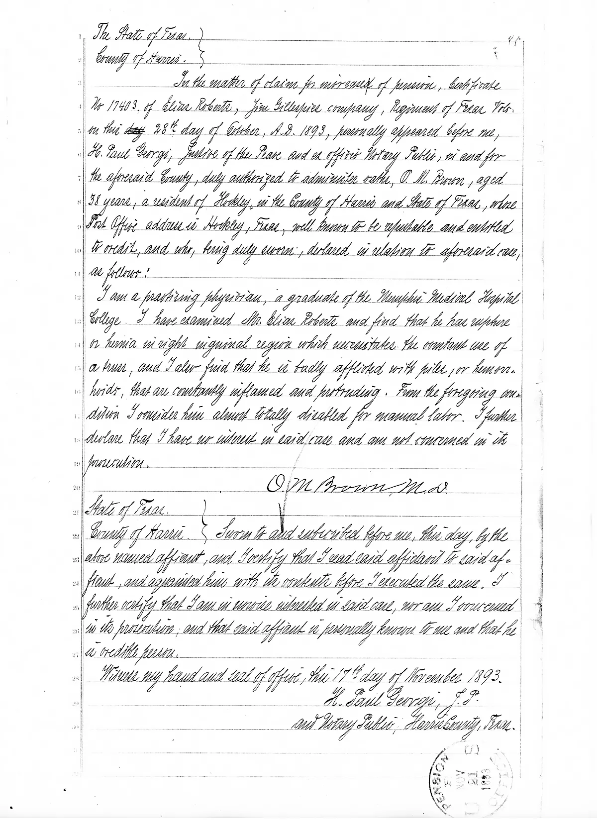 Scanned image of Dr. O.M. Brown's October 1893 physician's affidavit describing Elias Roberts' disabilities.