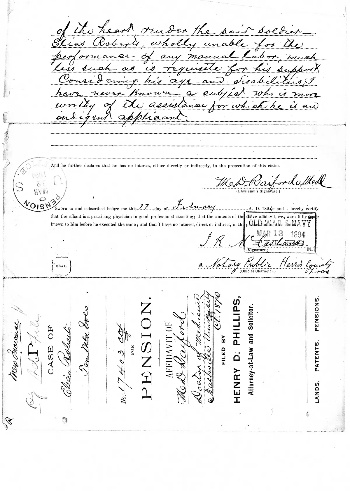 Scanned image of Dr. M.D. Raiford's February 1894 physician's affidavit and the attached case docket strip for Elias Roberts.