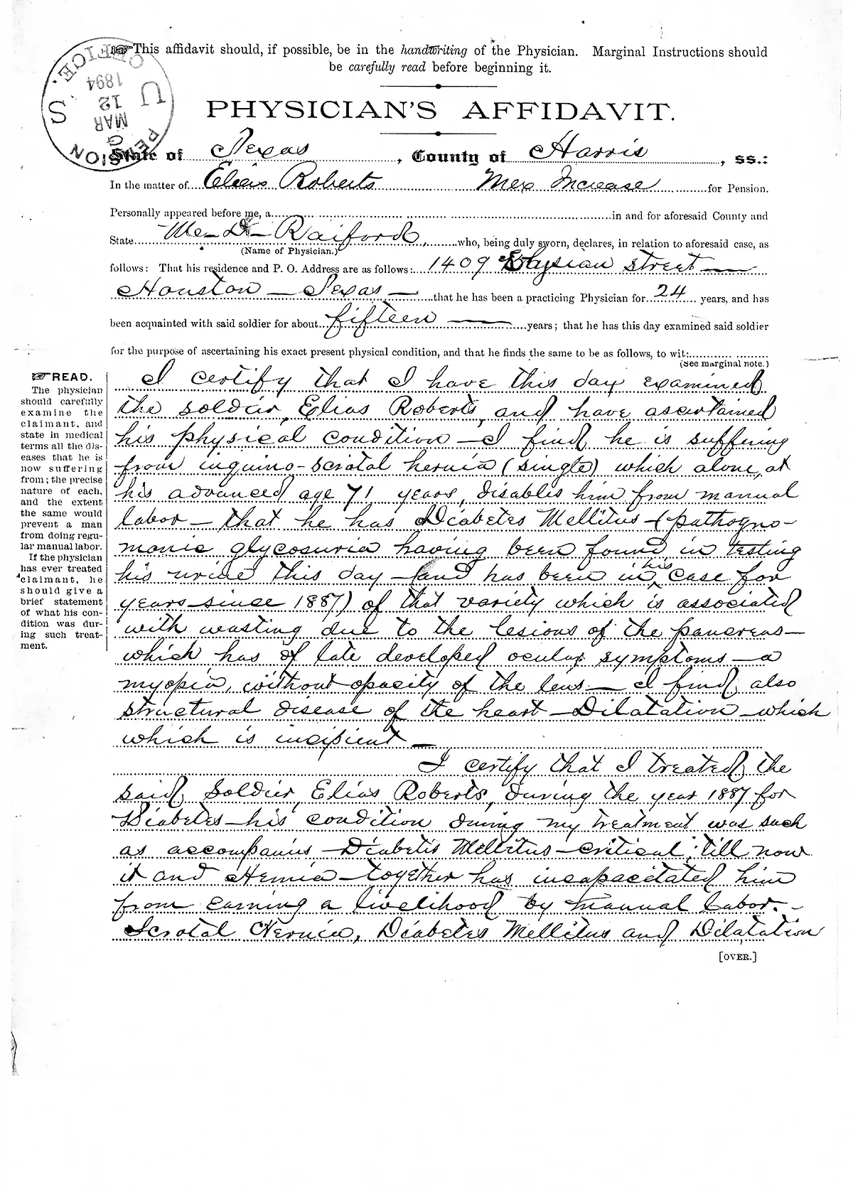 Scanned image of the opening page of Dr. M.D. Raiford's 1894 physician's affidavit for Elias Roberts.