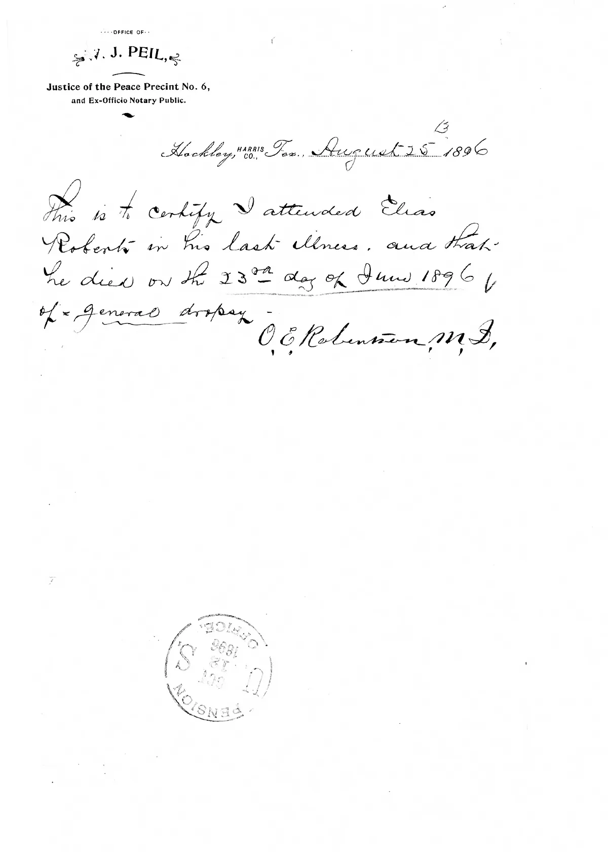Scanned image of Dr. O.E. Robertson's 1896 letter certifying the death of Elias Roberts.
