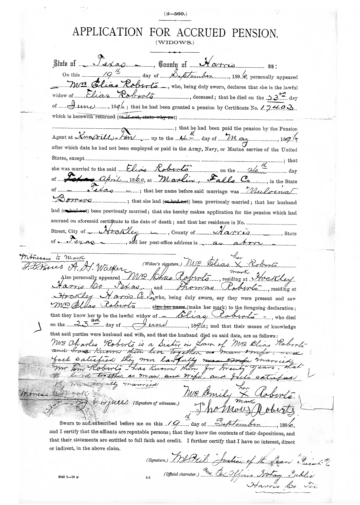 Scanned image of Melvina Roberts' 1896 application for accrued pension following the death of Elias Roberts.
