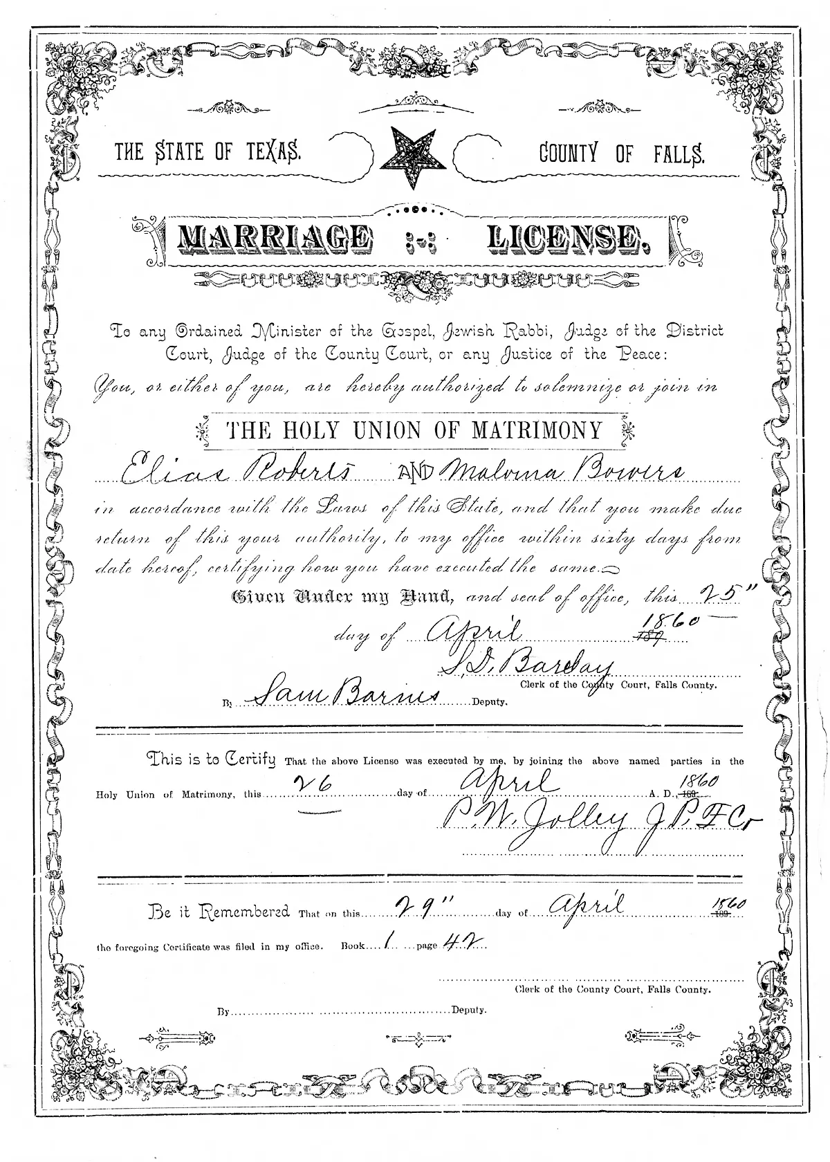 Scanned image of the 1860 marriage license and certificate of Elias Roberts and Malvina Bowers.