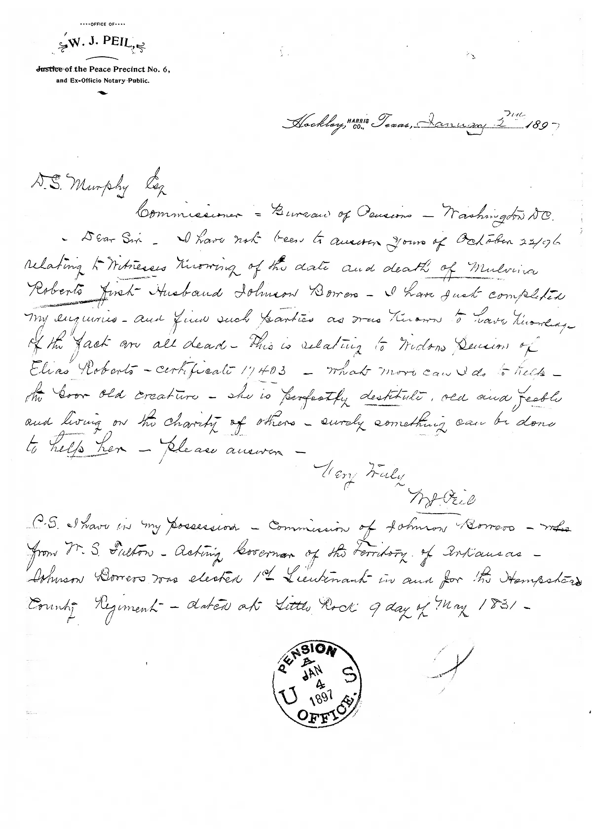 Scanned image of W.J. Peil's January 1897 letter appealing on behalf of Melvina Roberts, with a postscript on Johnson Bowers' 1831 military commission.