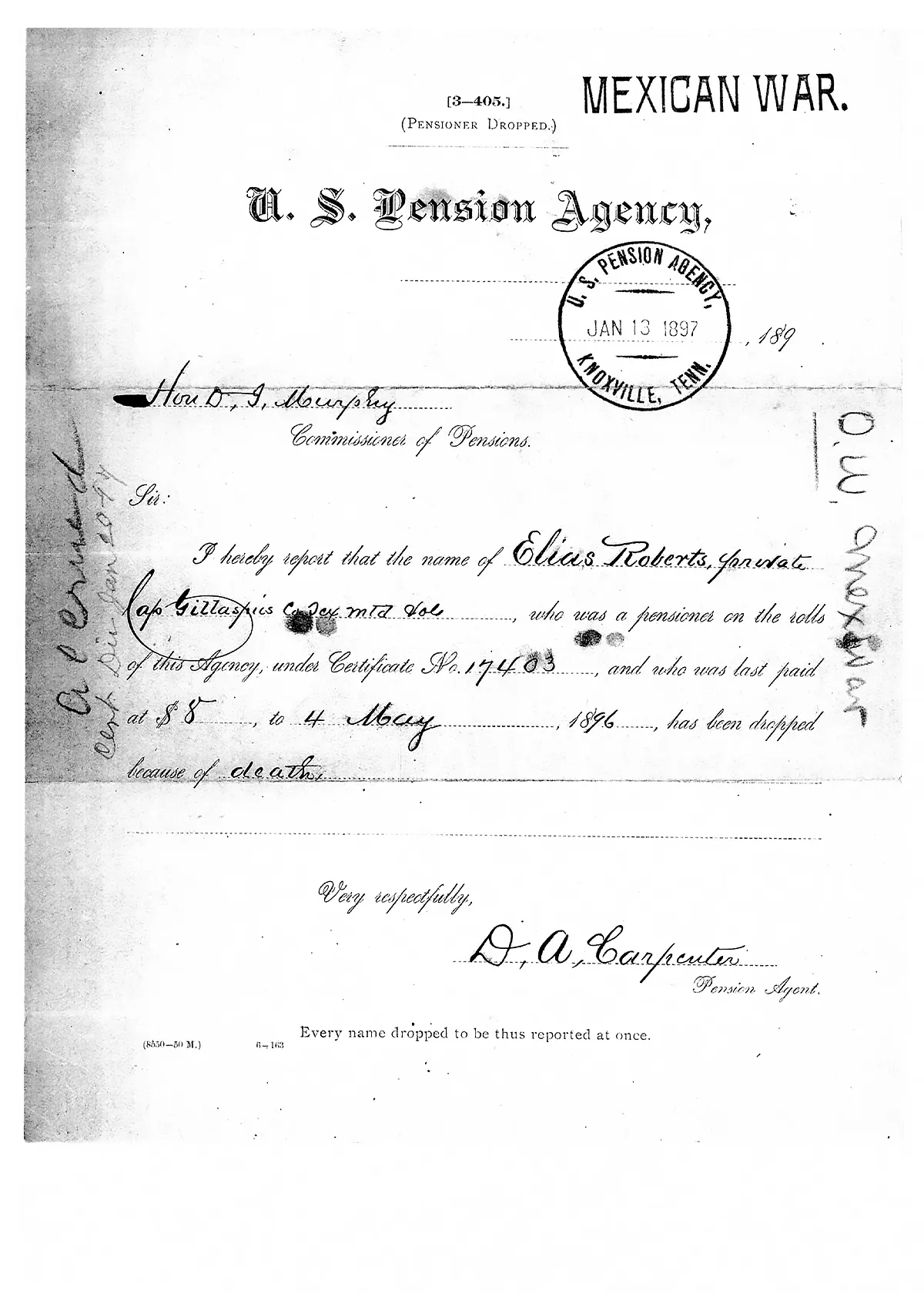 Scanned image of the January 1897 report of Elias Roberts dropped from the pension rolls due to death.