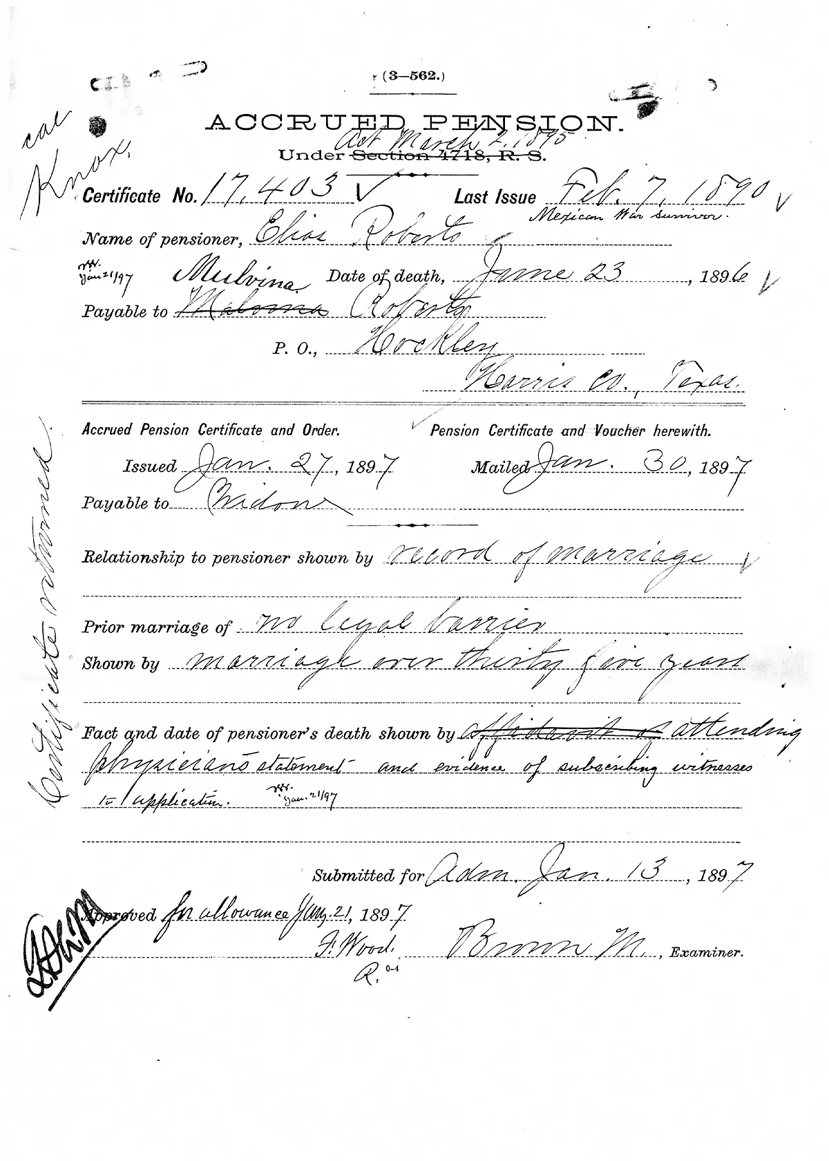 Scanned image of the January 1897 Bureau of Pensions form approving Melvina Roberts' accrued pension claim.