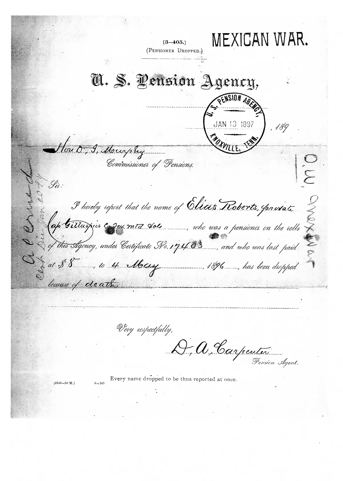 Scanned image of a duplicate scan of the January 1897 report of Elias Roberts dropped from the pension rolls.