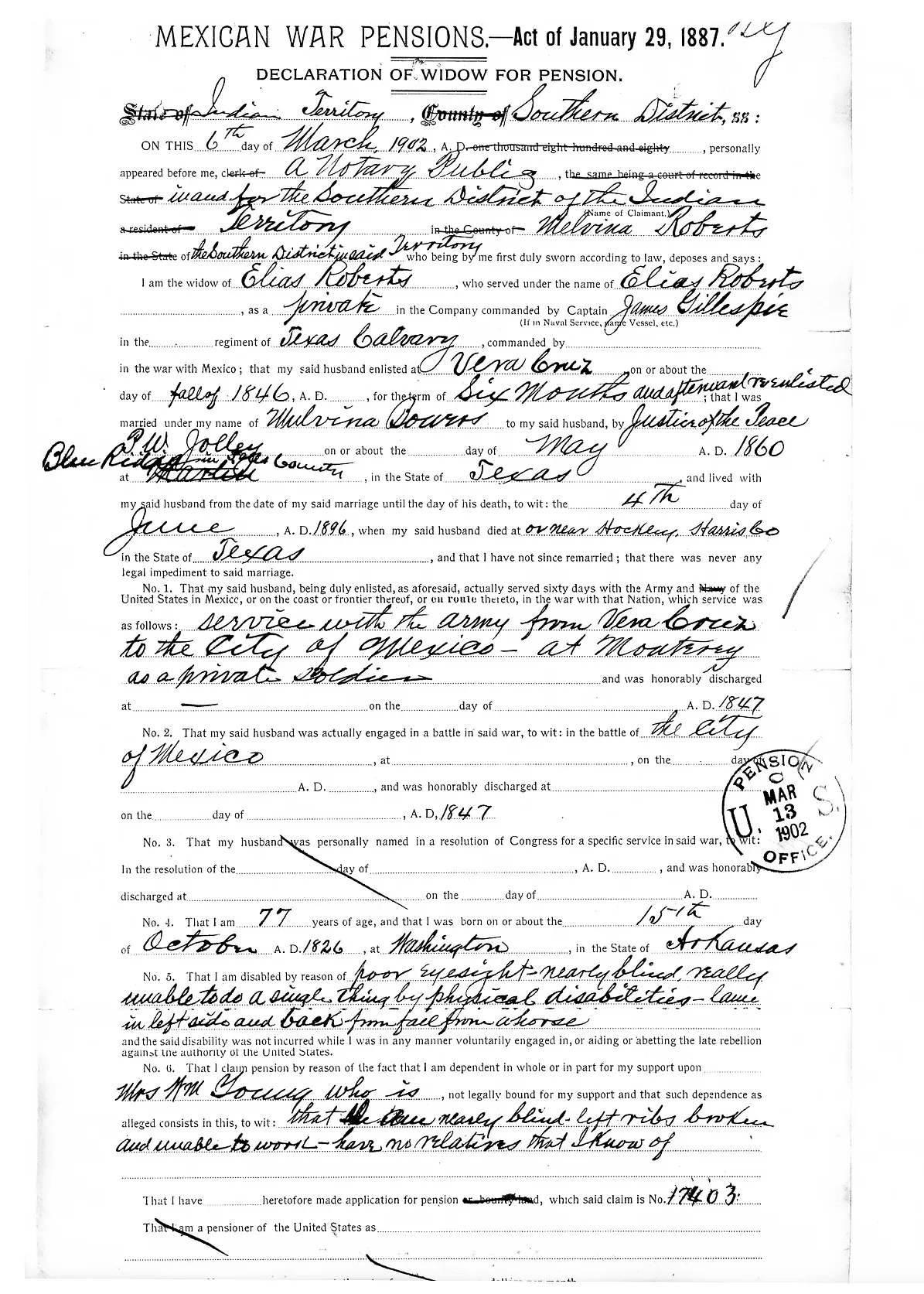 Scanned image of Melvina Roberts' March 1902 Declaration of Widow for Pension, filed from the Indian Territory.