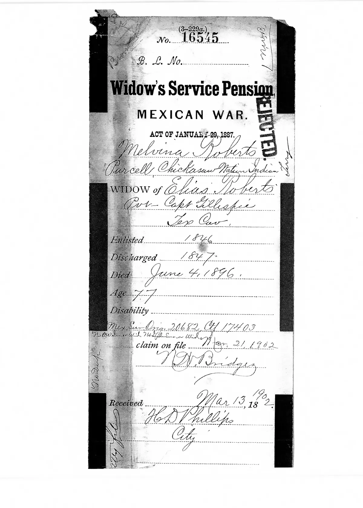 Scanned image of the 1902 Bureau of Pensions docket card for Melvina Roberts' widow's pension claim, stamped REJECTED.